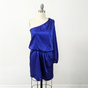 Ramy Brook One Shoulder Blouson Satin Silk Dress Blue S party cocktail nye glam